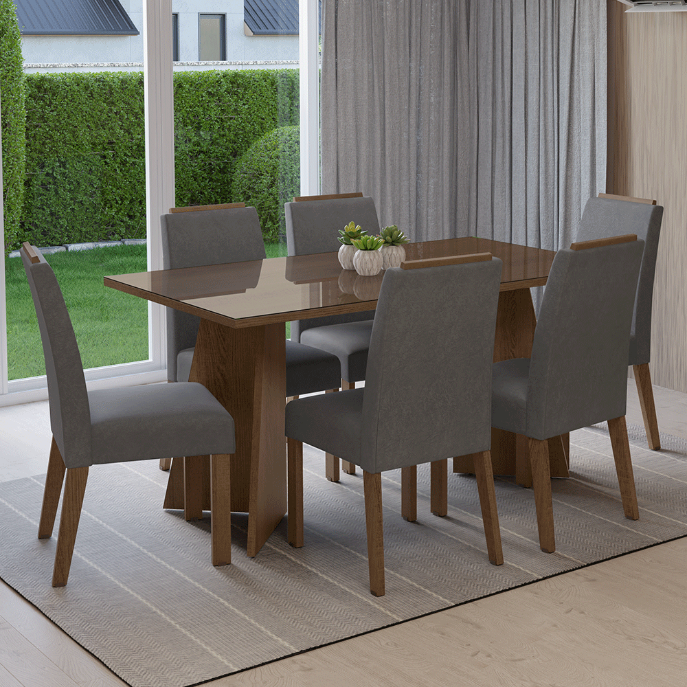 Juego de Comedor Mesada de Vidrio 6 Sillas Madrid Marrón/Silver