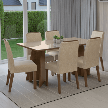 Juego de Comedor con Vidrio Sobrepuesto 6 Sillas Marrón/Crema/Imperial Madrid Madesa