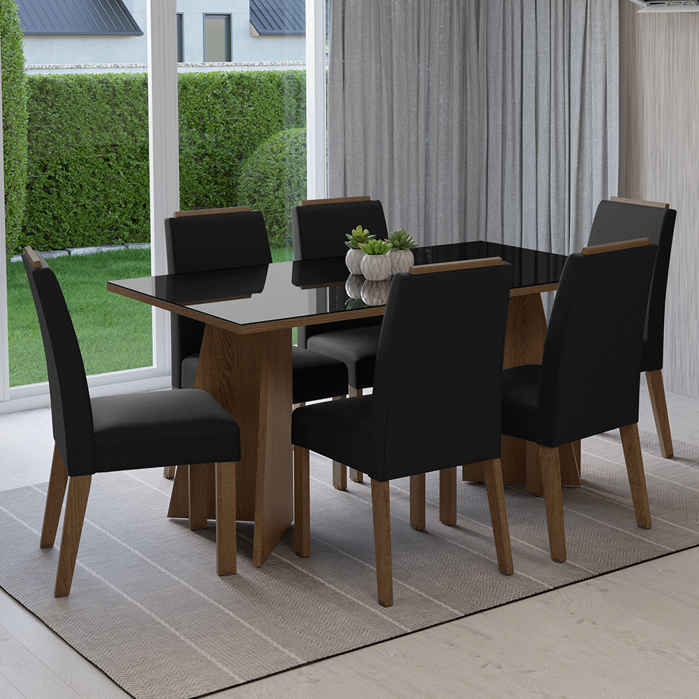 Juego de Comedor Mesada de Vidrio 6 Sillas Madrid Marrón/Negro/Oxford