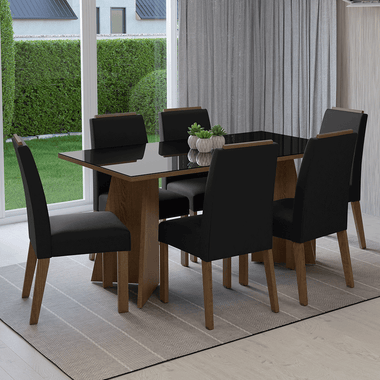 Juego de Comedor con Vidrio Sobrepuesto 6 Sillas Marrón/Negro/Oxford Madrid Madesa