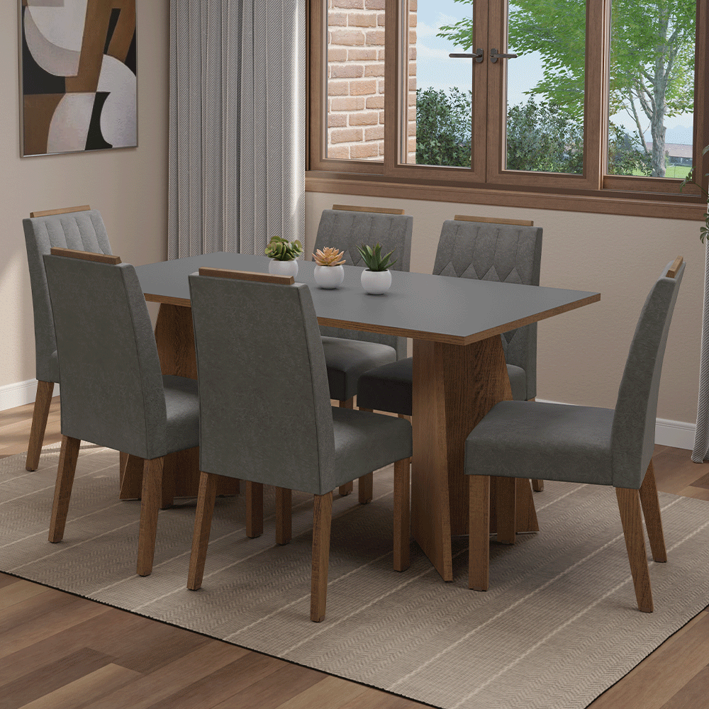 Juego de Comedor Mesada de Madera 6 Sillas Leon Marrón/Gris/Silver