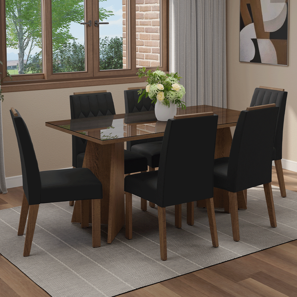 Juego de Comedor Mesada de Vidrio 6 Sillas Sintra Marrón/Oxford