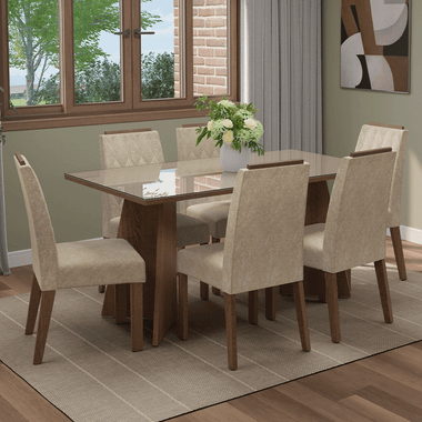 Juego de Comedor con Vidrio Sobrepuesto 6 Sillas Marrón/Crema/Imperial Sintra Madesa