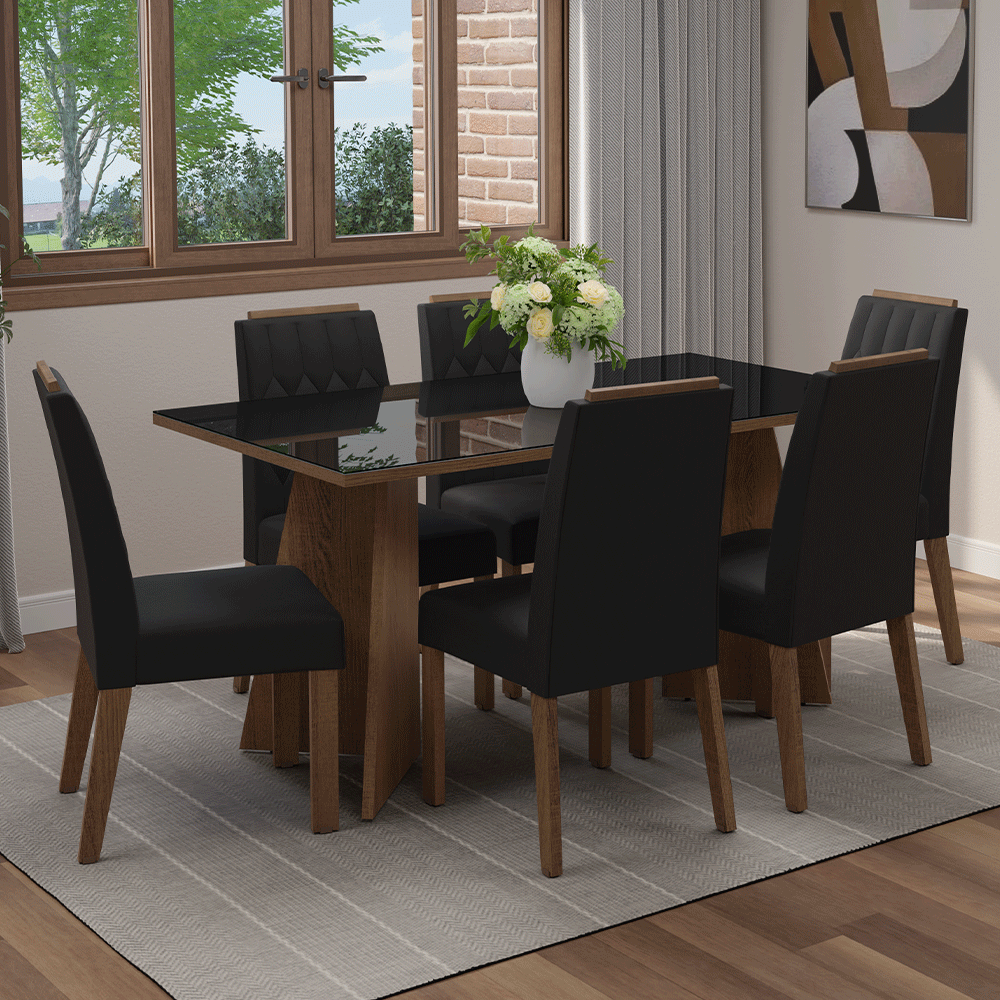 Juego de Comedor con Vidrio Sobrepuesto 6 Sillas Marrón/Negro/Oxford Sintra Madesa