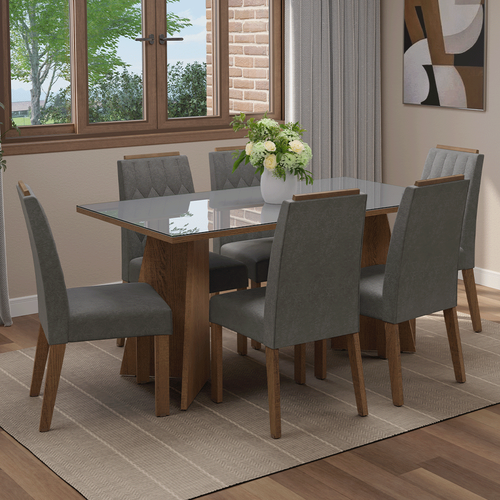 Juego de Comedor Mesada de Vidrio 6 Sillas Sintra Marrón/Gris/Silver