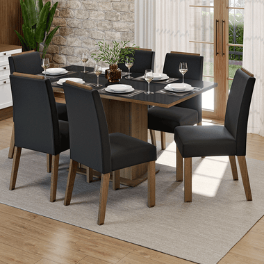 Juego de Comedor con Vidrio Sobrepuesto 6 Sillas Marrón/Negro/Oxford Dália Madesa