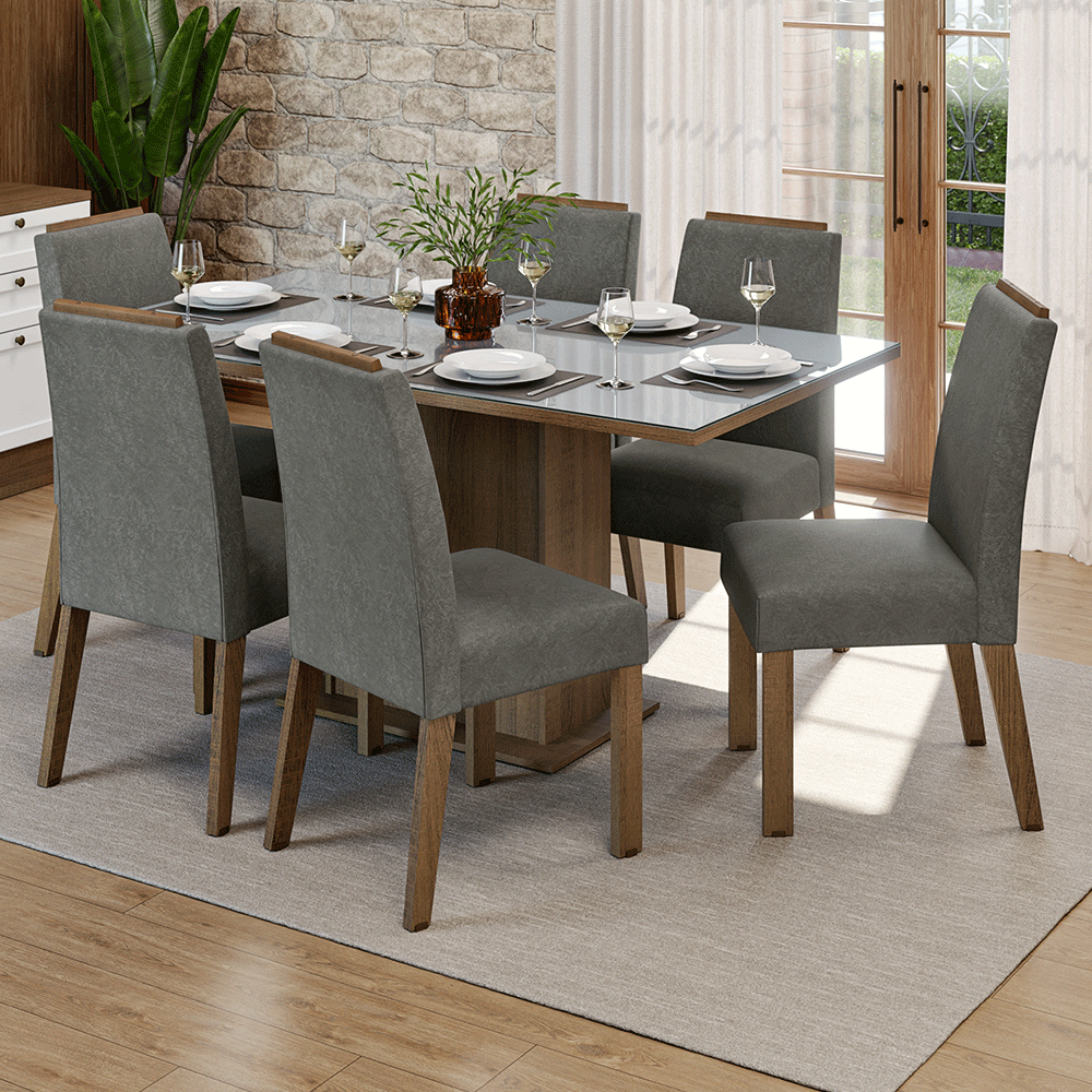 Juego de Comedor Tapa de Vidrio 6 Sillas Marrón/Gris/Silver Dália Madesa