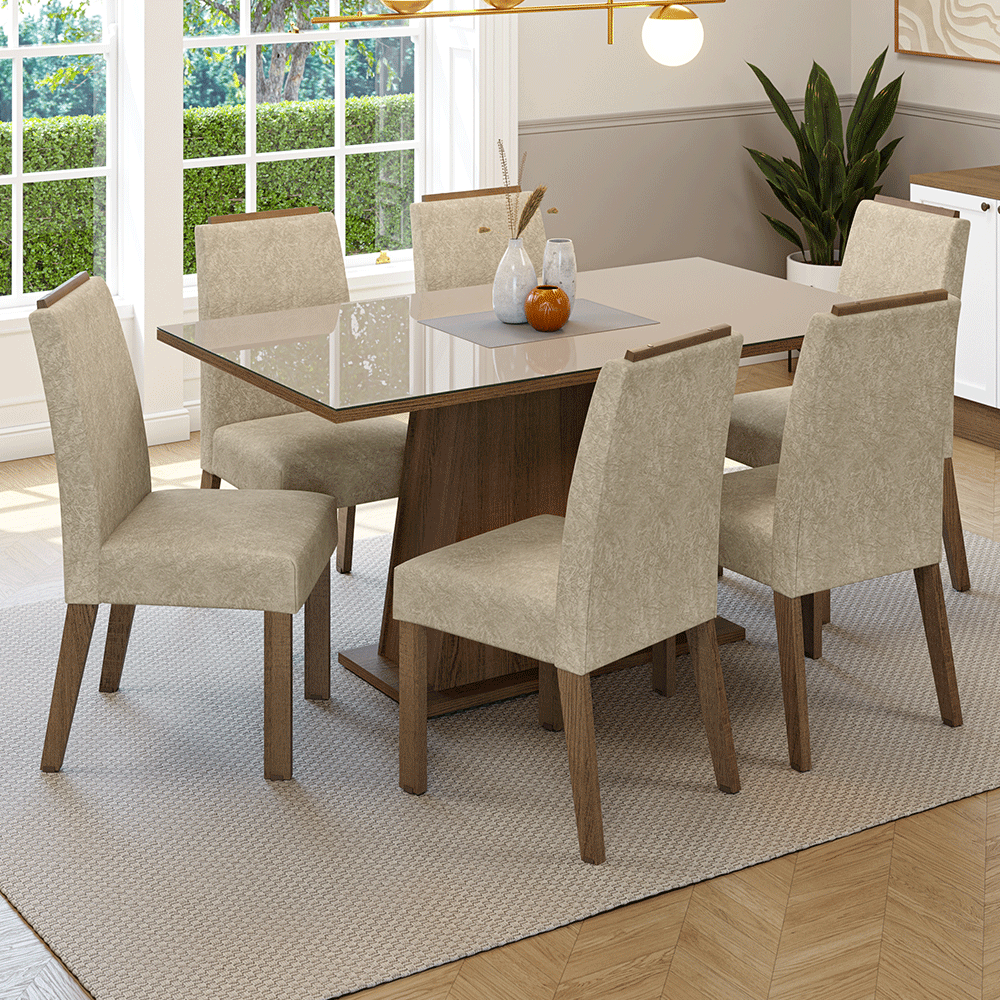Juego de Comedor Tapa de Vidrio 6 Sillas Marrón/Crema/Imperial Tulipa Madesa