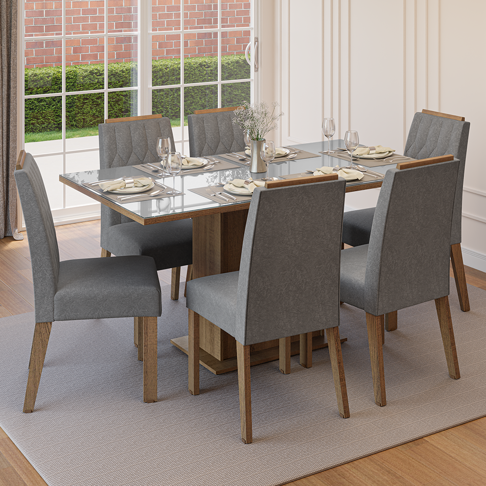 Juego de Comedor Tapa de Vidrio 6 Sillas Marrón/Gris/Silver Azaleia Madesa