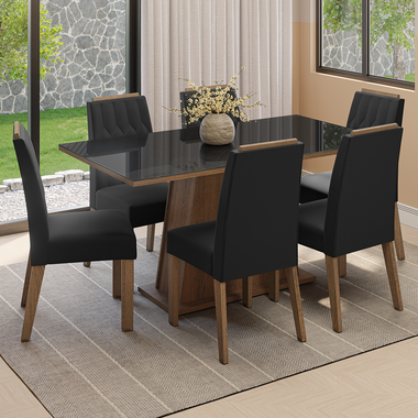 Juego de Comedor con Vidrio Sobrepuesto 6 Sillas Marrón/Negro/Oxford Peônia Madesa
