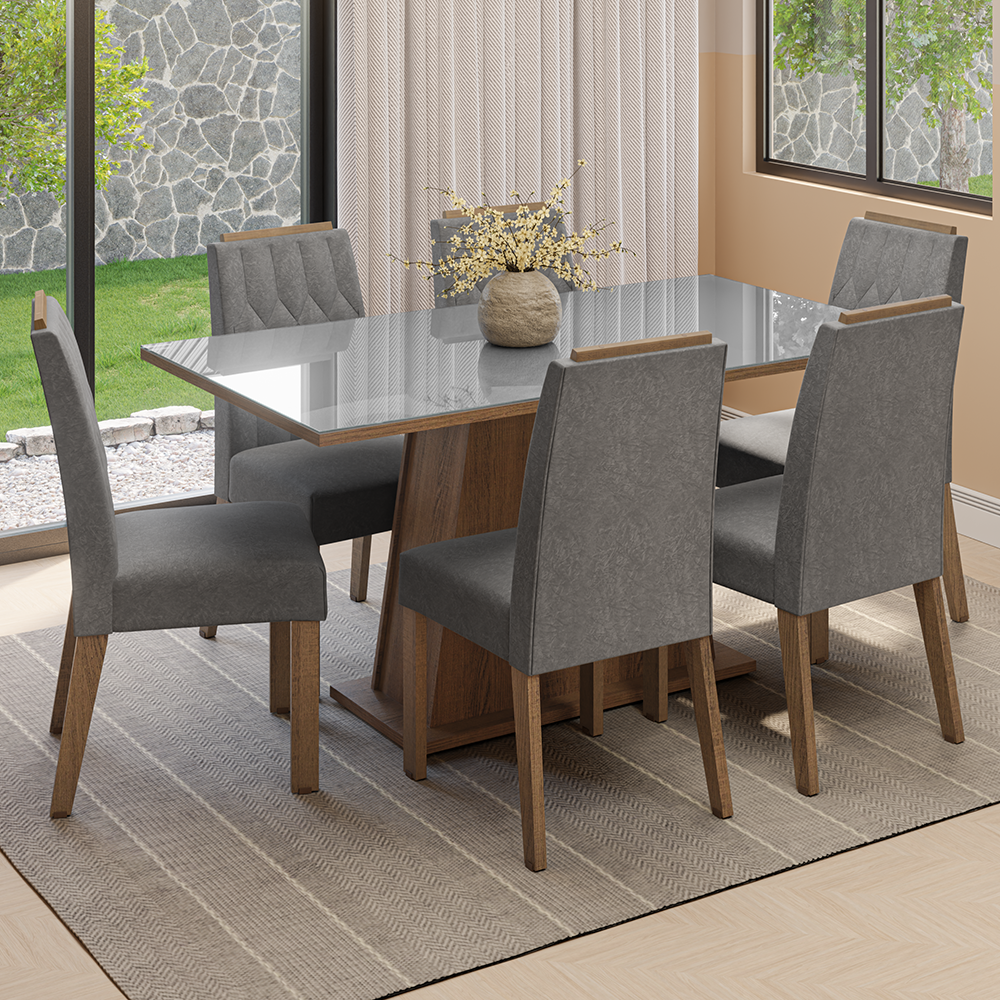 Juego de Comedor Tapa de Vidrio 6 Sillas Marrón/Gris/Silver Peônia Madesa