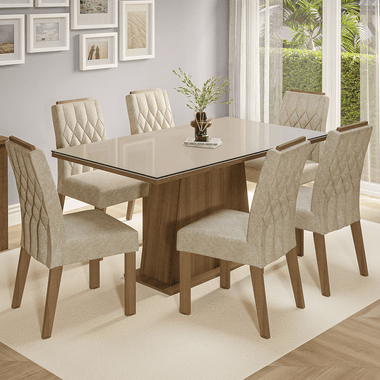 Juego de Comedor con Vidrio Sobrepuesto 6 Sillas Marrón/Crema/Imperial Avenca Madesa