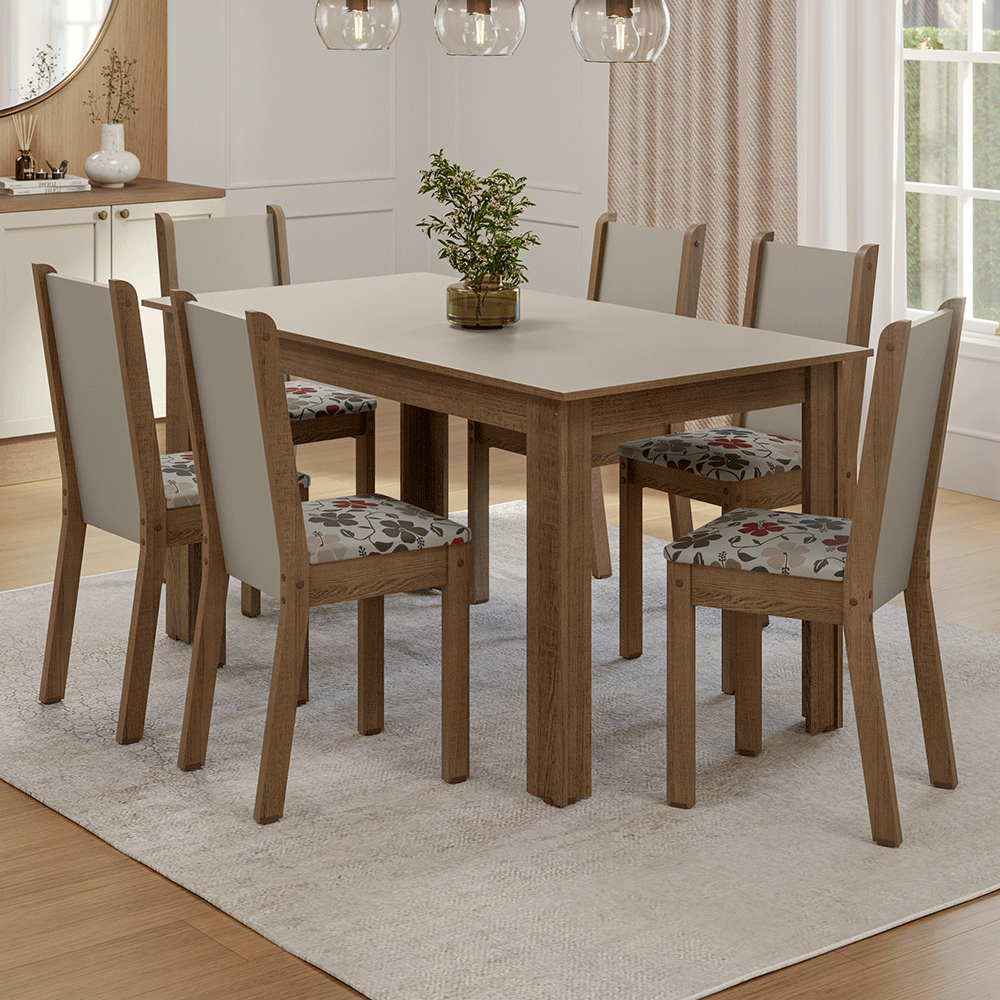 Juego Comedor Lucena Mesa Tapa de Madera 6 Sillas Marrón/Crema/Floral Hibiscos Madesa