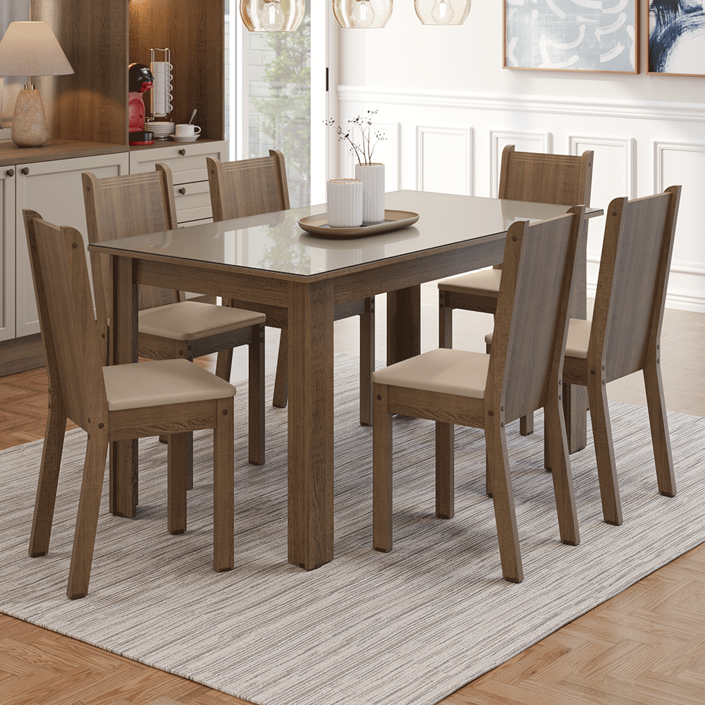Juego de Comedor Mesa Tapa de Vidrio 6 Sillas Marrón/Crema/Sintético Beige Madesa