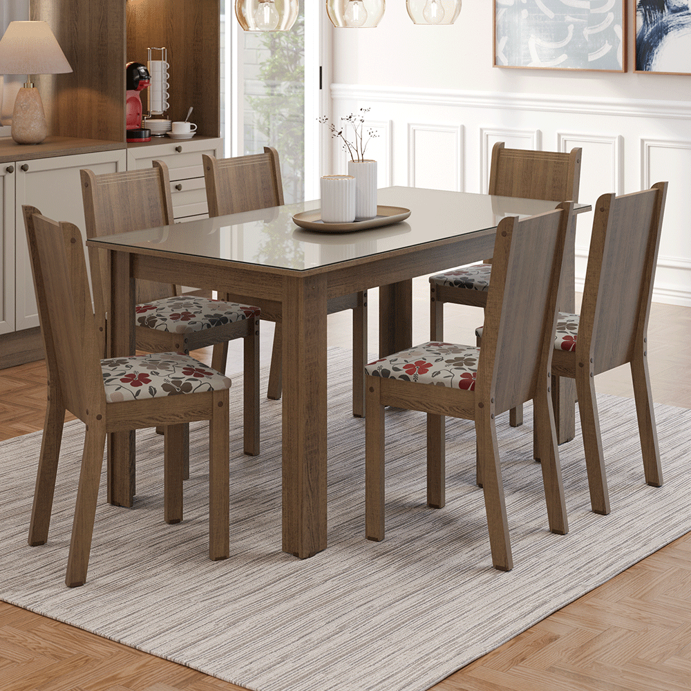 Juego de Comedor Mesa con Tapa de Vidrio 6 Sillas Marrón/Crema/Floral Hibiscos Madesa