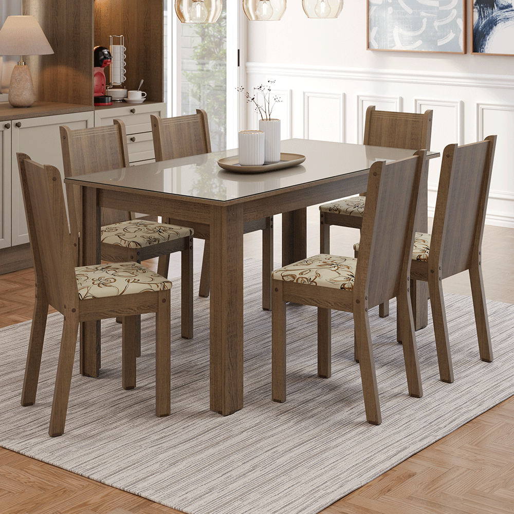 Juego de Comedor Mesa Tapa de Vidrio 6 Sillas Marrón/Crema/Lirio Beige Madesa