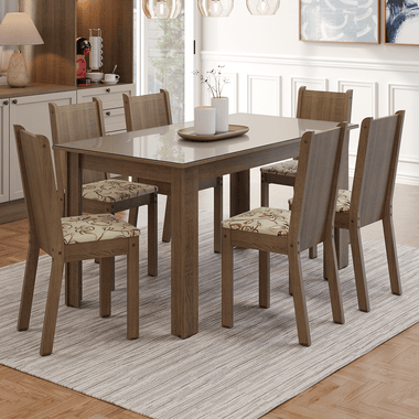 Juego de Comedor con Vidrio Sobrepuesto 6 Sillas Marrón/Crema/Lirio Beige Cereja Madesa