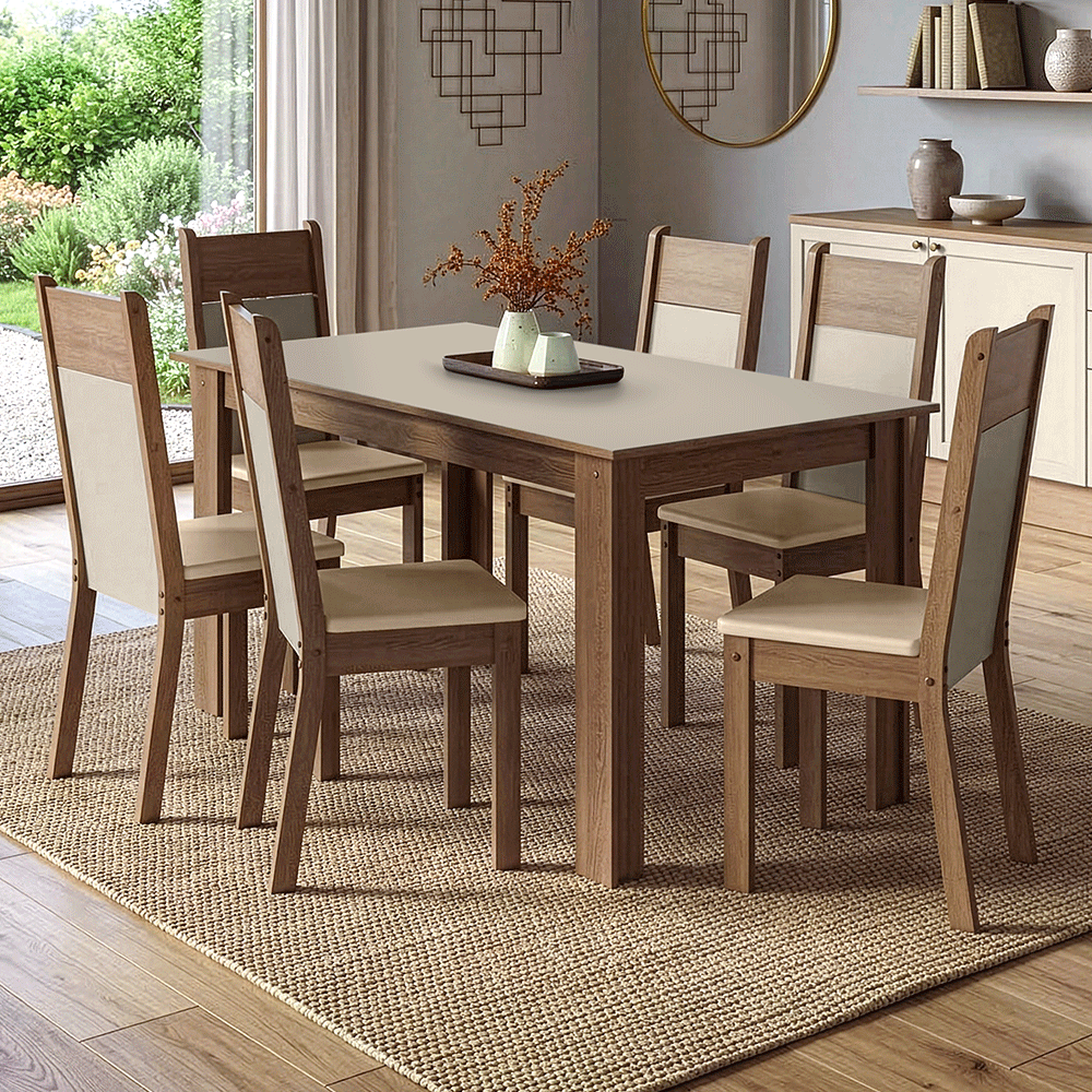 Juego de Comedor Mesa con Tapa de Madera 6 Sillas Marrón/Crema/Sintético Beige Madesa
