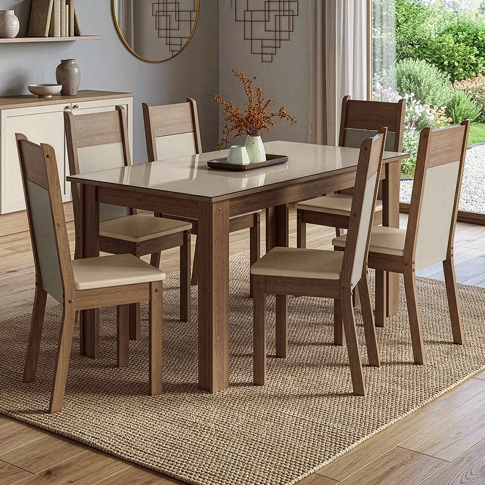 Juego de Comedor Mesa Tapa de Vidrio 6 Sillas Marrón/Crema/Sintético Beige Madesa