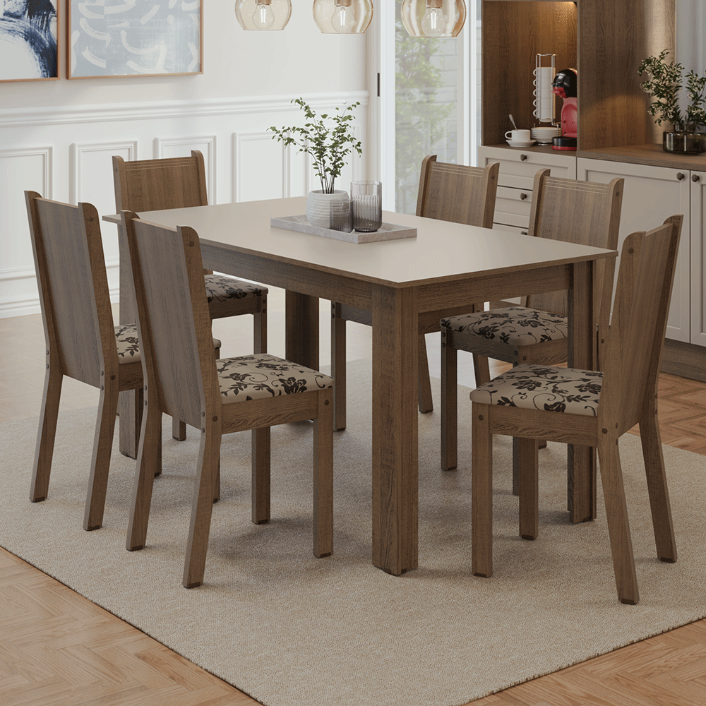Juego de Comedor Mesa con Tapa de Madera 6 Sillas Marrón/Crema/Tapizado Beige Marrón Madesa