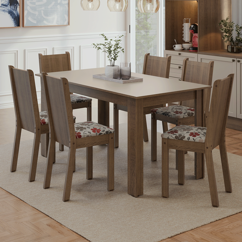 Juego de Comedor Mesa con Tapa de Madera 6 Sillas Marrón/Crema/Floral Hibiscos Madesa