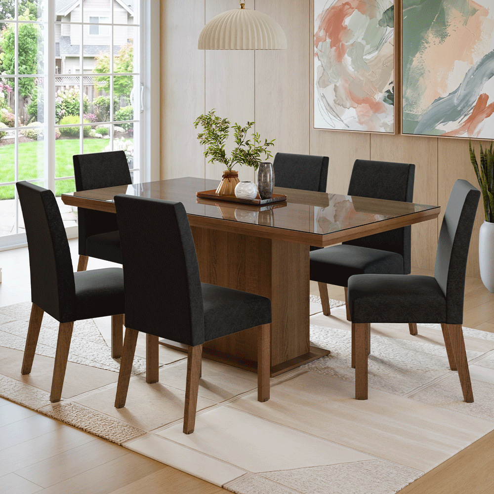 Juego de Comedor Tapa con Vidrio 6 Sillas Marrón/Oxford Alba Madesa