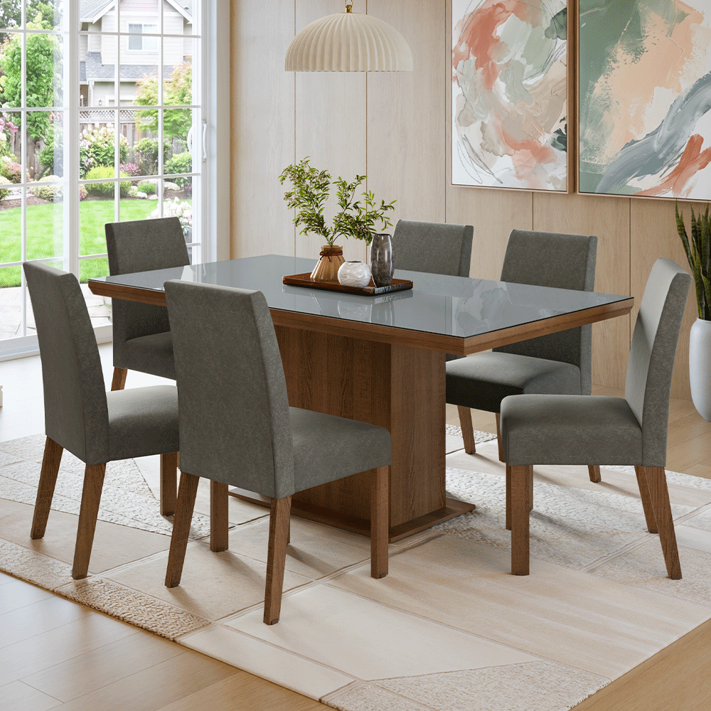 Juego de Comedor Tapa con Vidrio 6 Sillas Marrón/Gris/Silver Alba Madesa