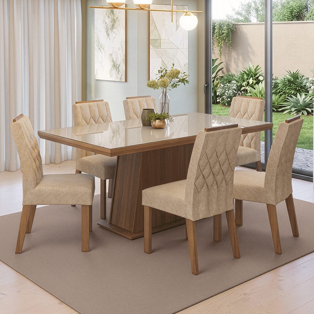 Juego de Comedor Tapa con Vidrio 6 Sillas Marrón/Crema/Imperial Colmar Madesa