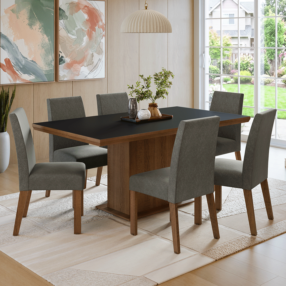 Juego de Comedor con Tapa de Madera 6 Sillas Marrón/Negro/Silver Grasse Madesa