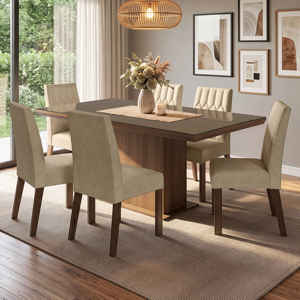 Juego de Comedor Tapa con Vidrio 6 Sillas Marrón/Imperial Dinan Madesa