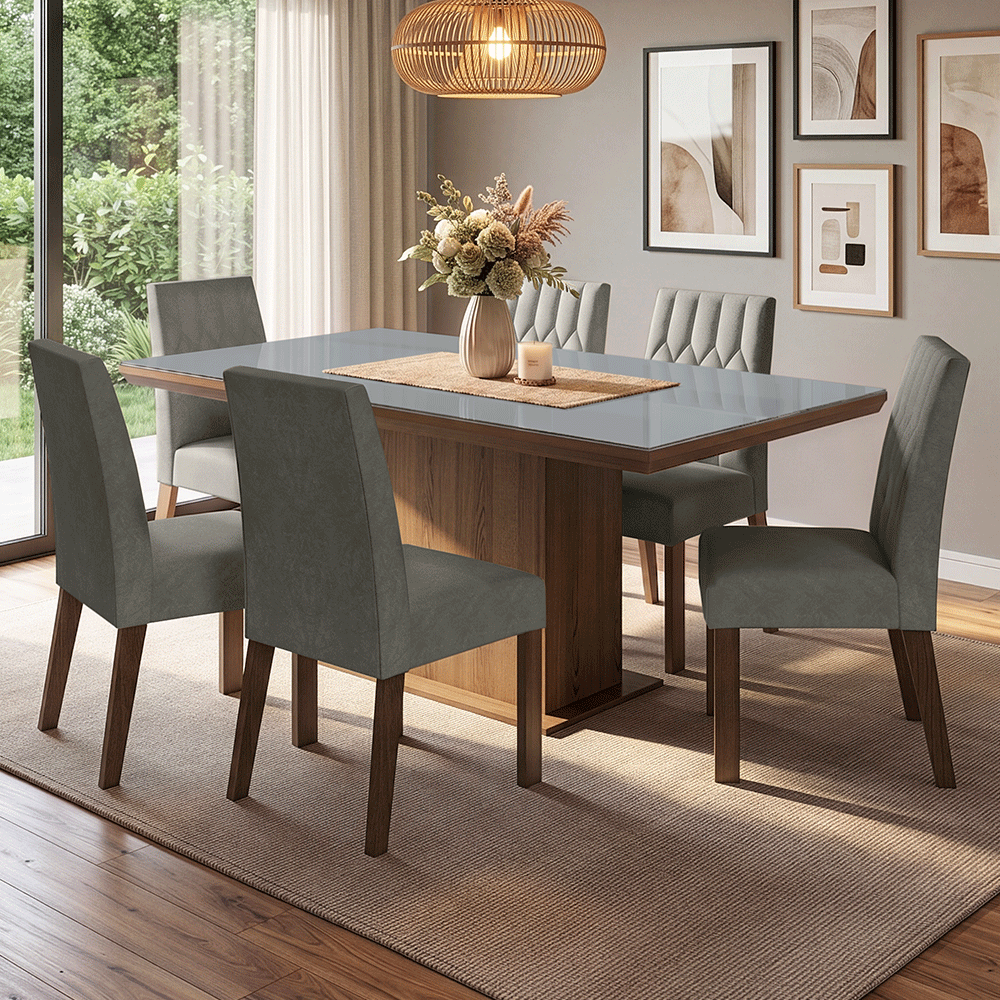 Juego de Comedor Tapa con Vidrio 6 Sillas Marrón/Gris/Silver Dinan Madesa