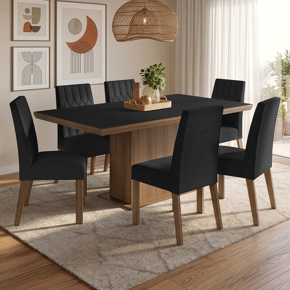 Juego de Comedor con Tapa de Madera 6 Sillas Marrón/Negro/Oxford Luso Madesa