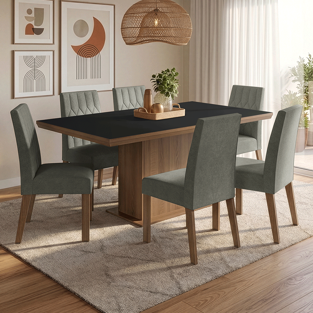 Juego de Comedor con Tapa de Madera 6 Sillas Marrón/Negro/Silver Luso Madesa