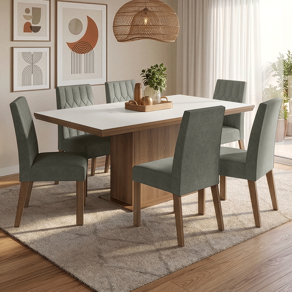 Juego de Comedor con Tapa de Madera 6 Sillas Marrón/Blanco/Silver Luso Madesa