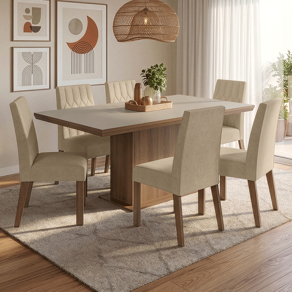 Juego de Comedor con Tapa de Madera 6 Sillas Marrón/Crema/Imperial Luso Madesa