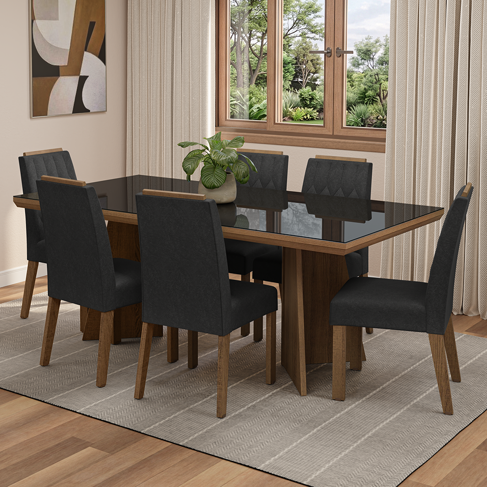 Juego de Comedor Tapa con Vidrio 6 Sillas Marrón/Negro/Oxford Pienza Madesa