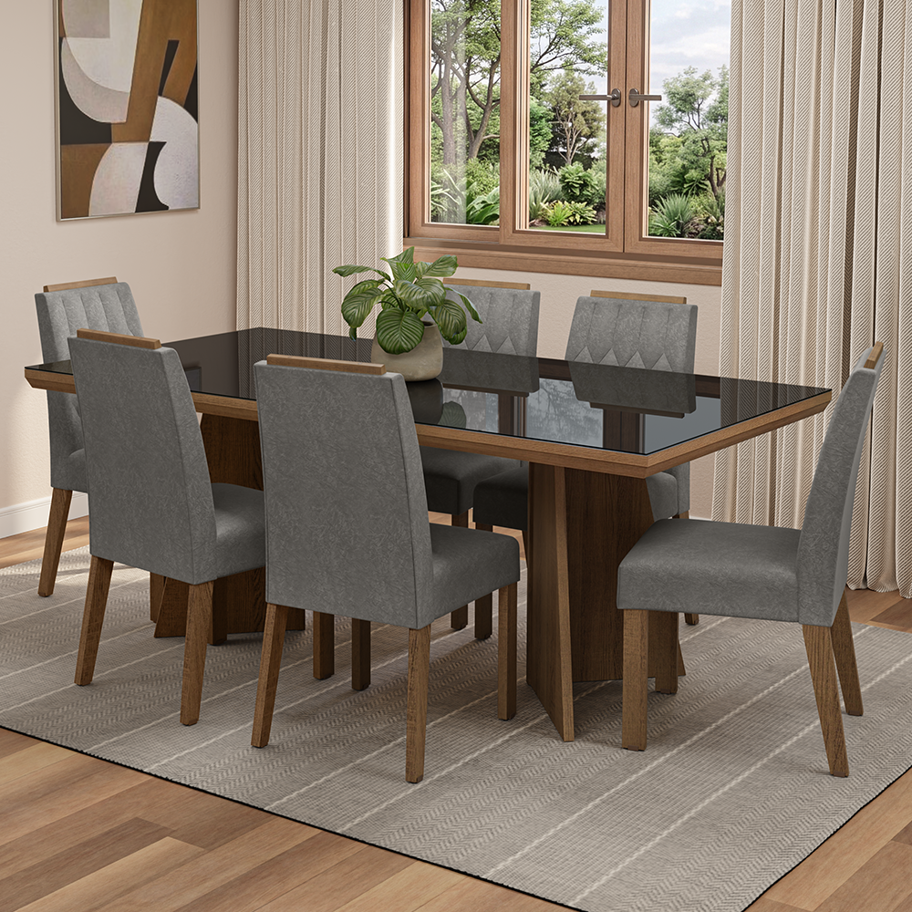 Juego de Comedor Tapa con Vidrio 6 Sillas Marrón/Negro/Silver Pienza Madesa
