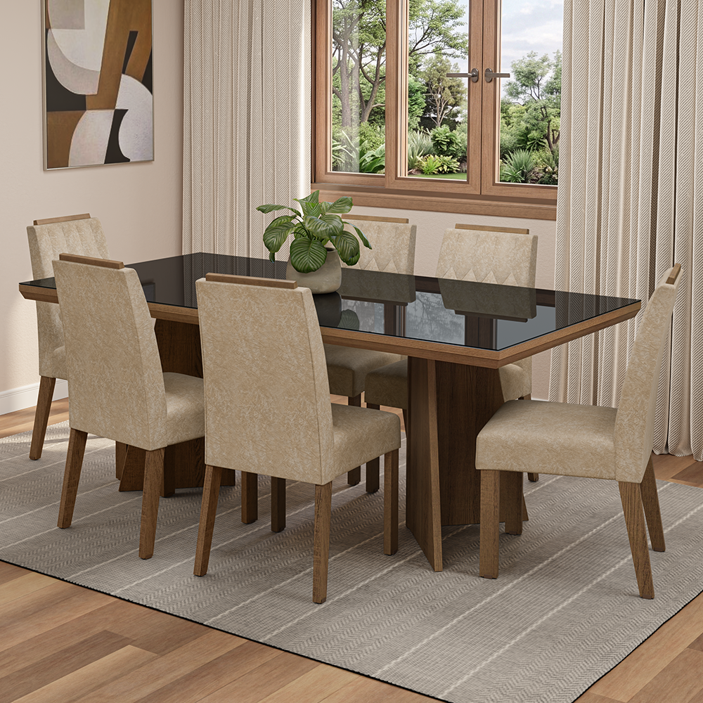 Juego de Comedor Tapa con Vidrio 6 Sillas Marrón/Negro/Imperial Pienza Madesa