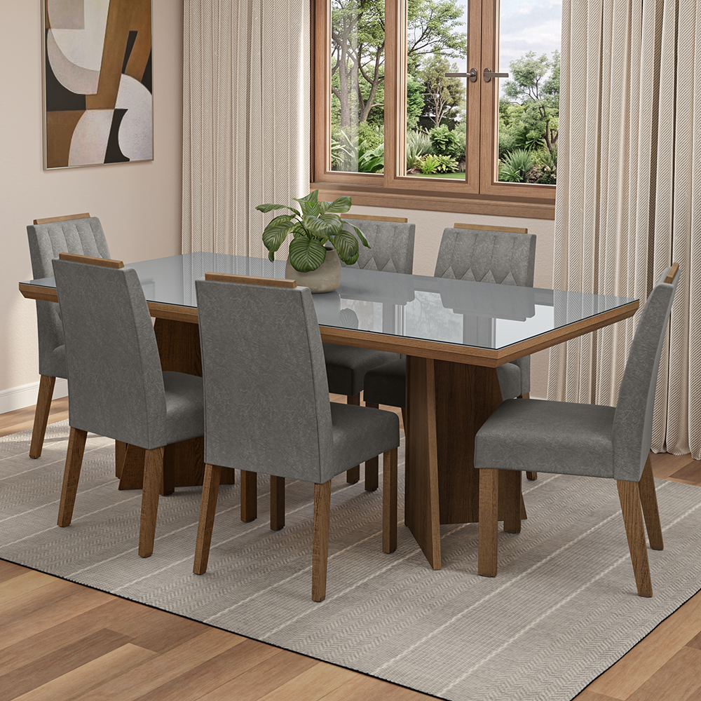 Juego de Comedor Tapa con Vidrio 6 Sillas Marrón/Gris/Silver Pienza Madesa