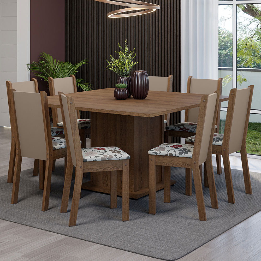 Juego de Comedor Mesa Tapa de Madera 8 Sillas Marrón/Crema/Hibiscos Marisa Madesa
