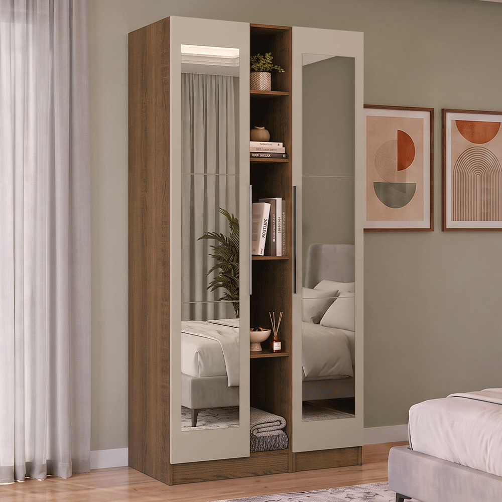 Placard Modular 2 Puertas con Espejos 5 Nichos Marrón/Crema Neo Madesa 02