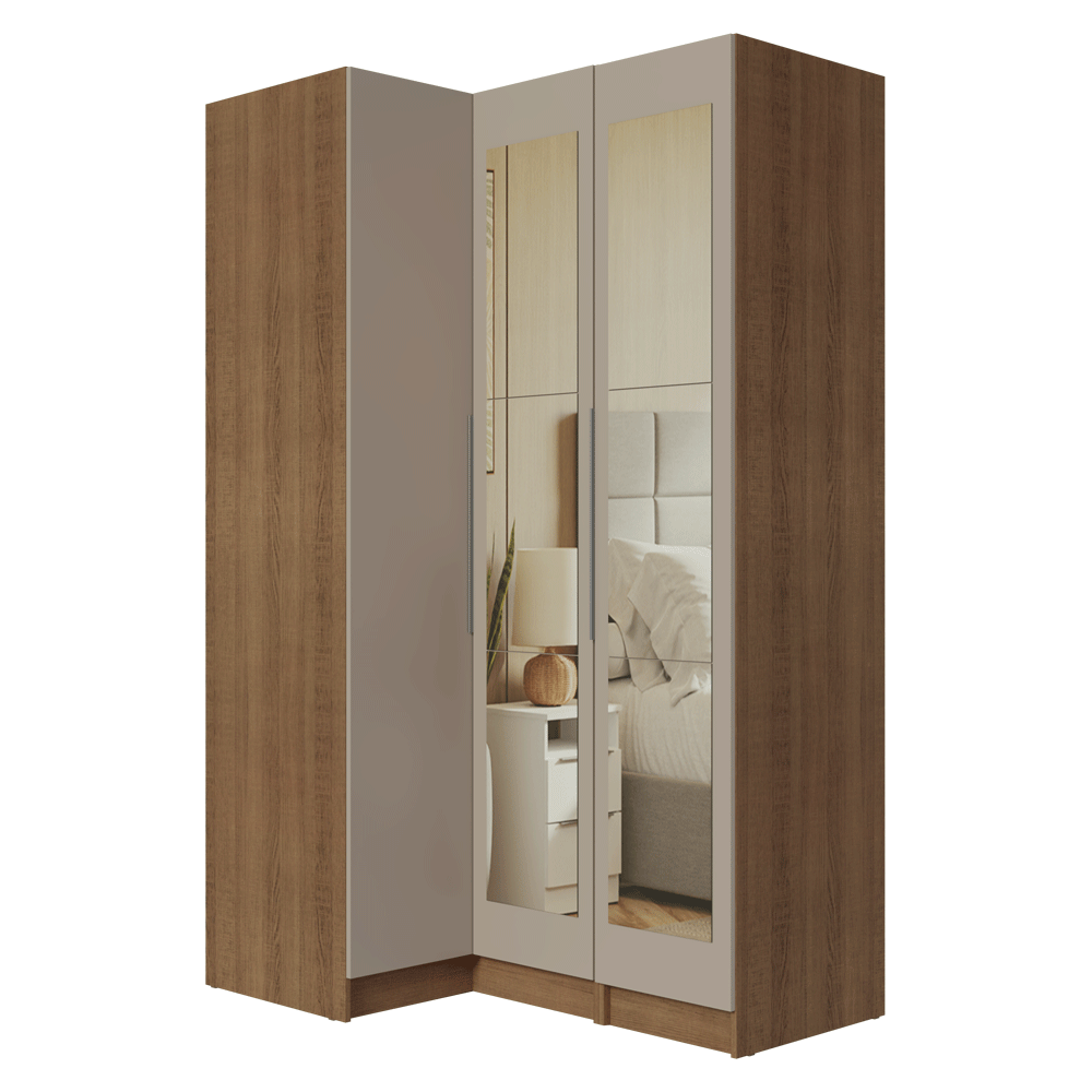 Dormitorio Completo Matrimonial Esquinero 3 Puertas con Espejos Marrón/Crema Neo Madesa