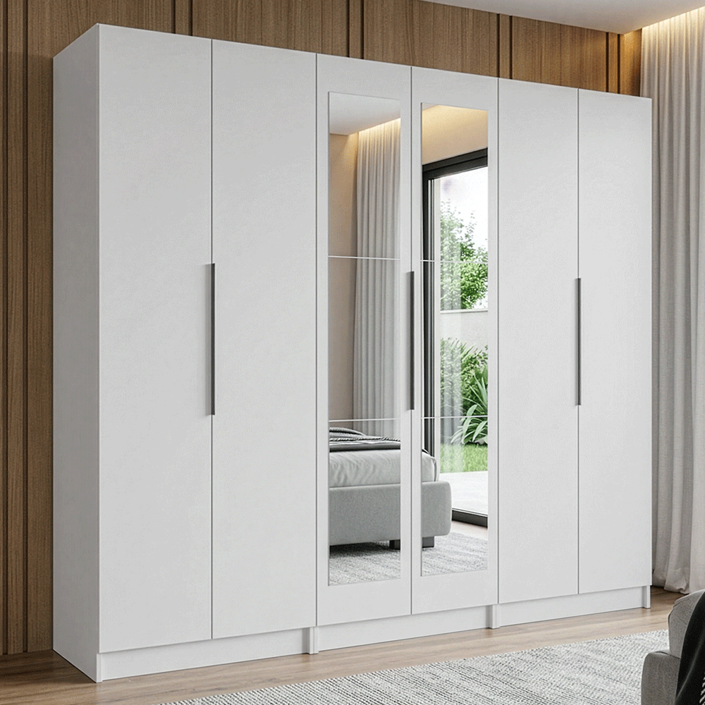 Placard Modular 240 cm 6 Puertas con Espejos 4 Cajones Blanco Neo Madesa 02