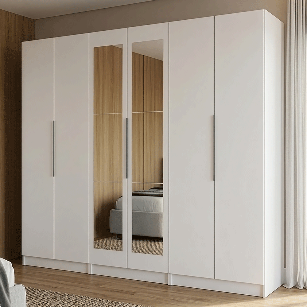 Placard Modular 240 cm 6 Puertas con Espejos 6 Cajones Blanco Neo Madesa 04