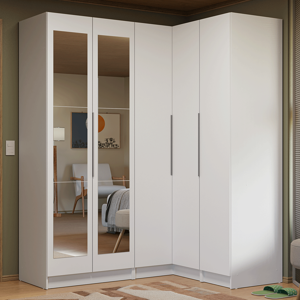 Placard Modular de Esquinero 310 cm 5 Puertas con Espejos 2 Cajones Blanco Neo Madesa 03