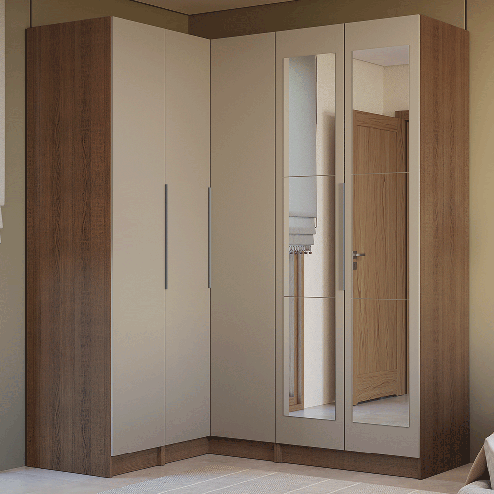 Dormitorio Completo Matrimonial Esquinero 310 cm 5 Puertas con Espejos 2 Cajones Marrón/Crema Neo Madesa 04