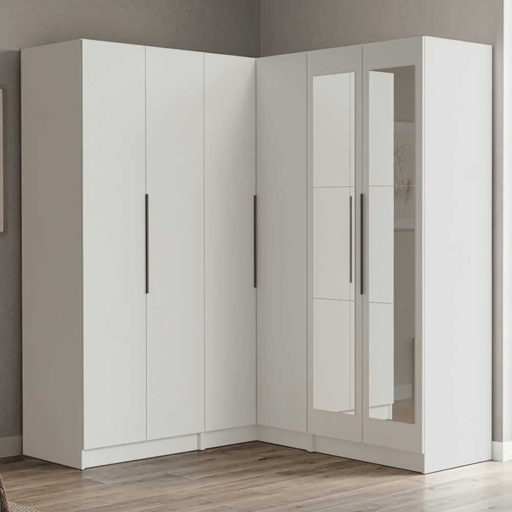 Placard Modular de Esquinero 350 cm 6 Puertas con Espejos 4 Cajones Blanco Neo Madesa 02