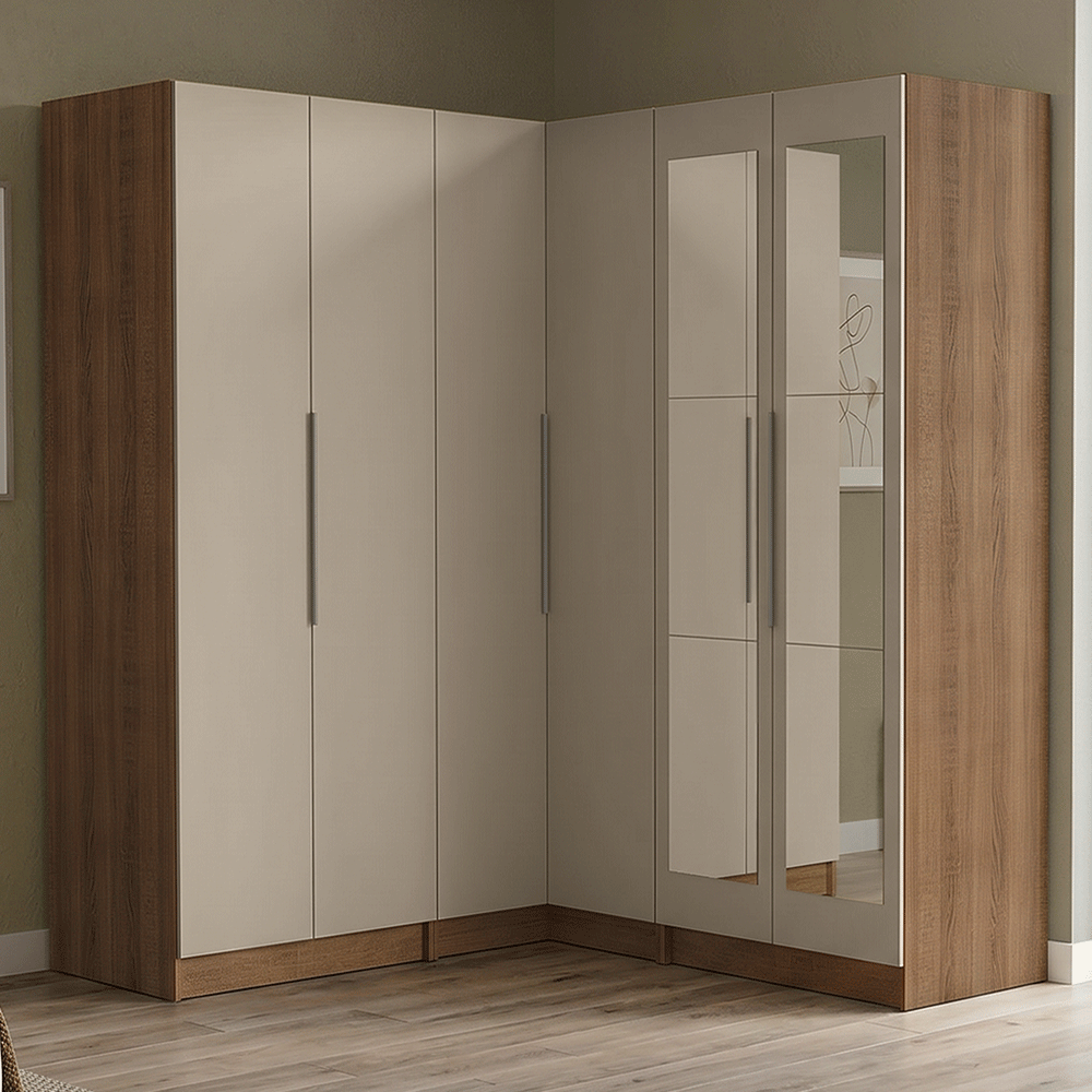 Placard Modular Esquinero 350 cm 6 Puertas con Espejos 4 Cajones Marrón/Crema Neo Madesa 02