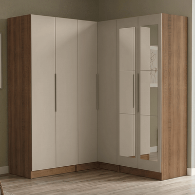 Placard Esquinero Matrimonial 350 cm 6 Puertas con 2 Espejos 4 Cajones Marrón/Crema Neo Madesa
