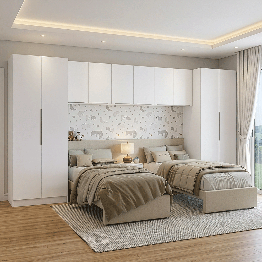 Dormitorio Infantil Madesa Neo Blanco con 2 Placards, 3 Alacenas y 1 Mesa de Luz